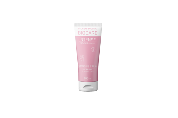 Pink and white tube of BioCare Intense hand cream with 70% lipid content
